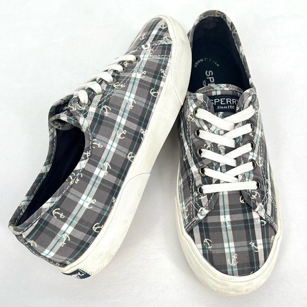 Sperry Pier View Anchor Plaid Gray Blue White Canvas Laced Slip On Sneakers 7.5